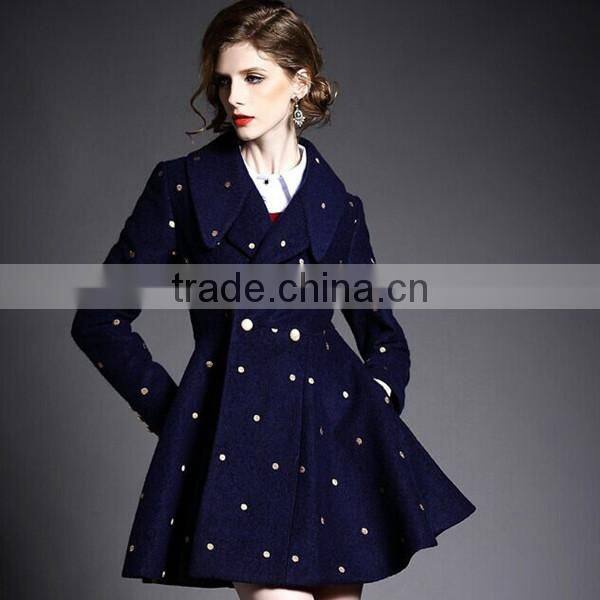 Women European Style Polka Dot Long Sleeve Tailored Collar Slim and Flare mid-long winter worsted coat