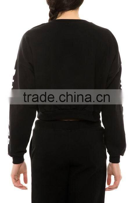 wholesale new design popular black crop top printed cheap pullover women hoodie