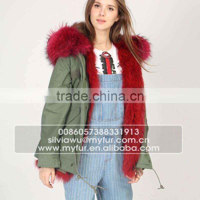 Myfur Fashion Army Green Parka with Fox Fur Lining And Big Size Raccoon Fur Hooded Parka
