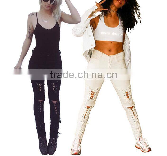 M1192 Runwaylover hollow cross bandage tight pants autumn demin pants