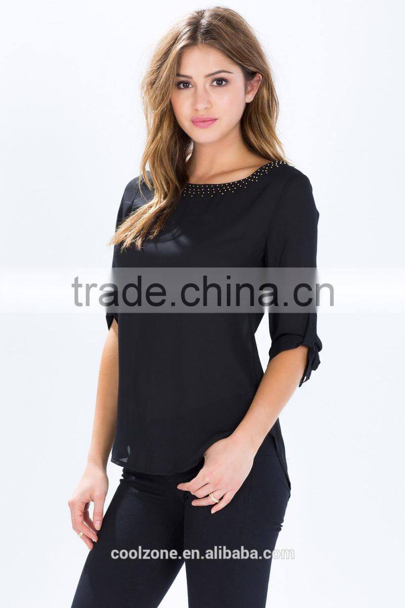 Latest roll sleeves beaded woman blouse fashion blouse for daily life