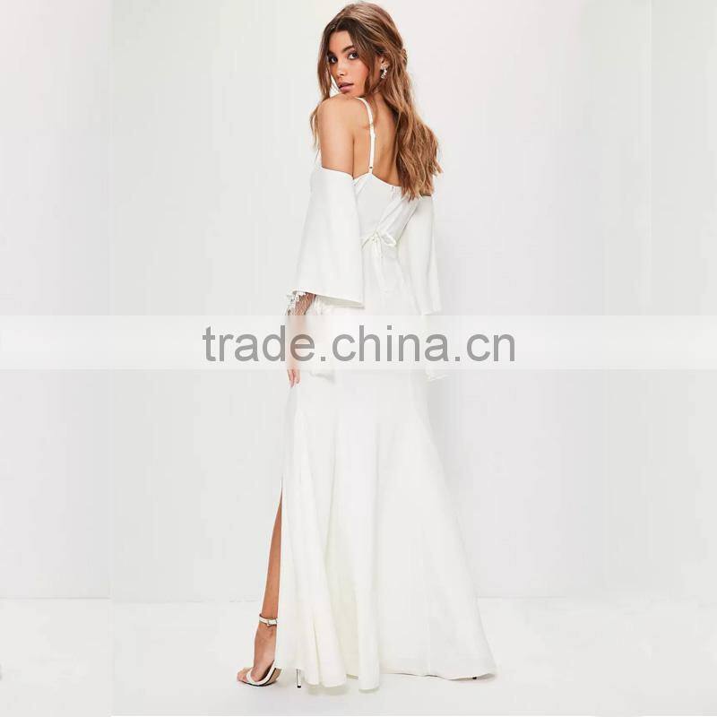 SIMPLE STYLE women lace split hem and deep V-neck maxi prom derss