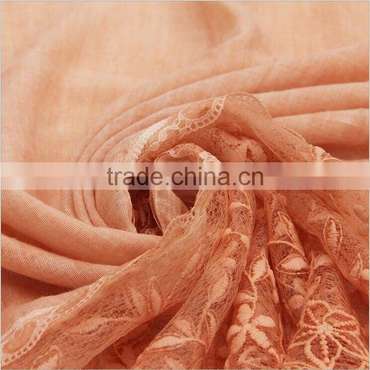 New fashion custom classic plain dyed linon viscose thin lace flower trim ribbon hijab scarf