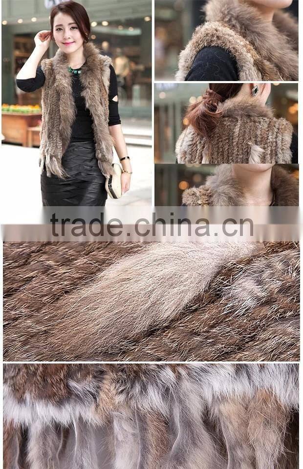 Brown rabbit fur knitted vest dyed color raccoon fur vest for women spring fall winter