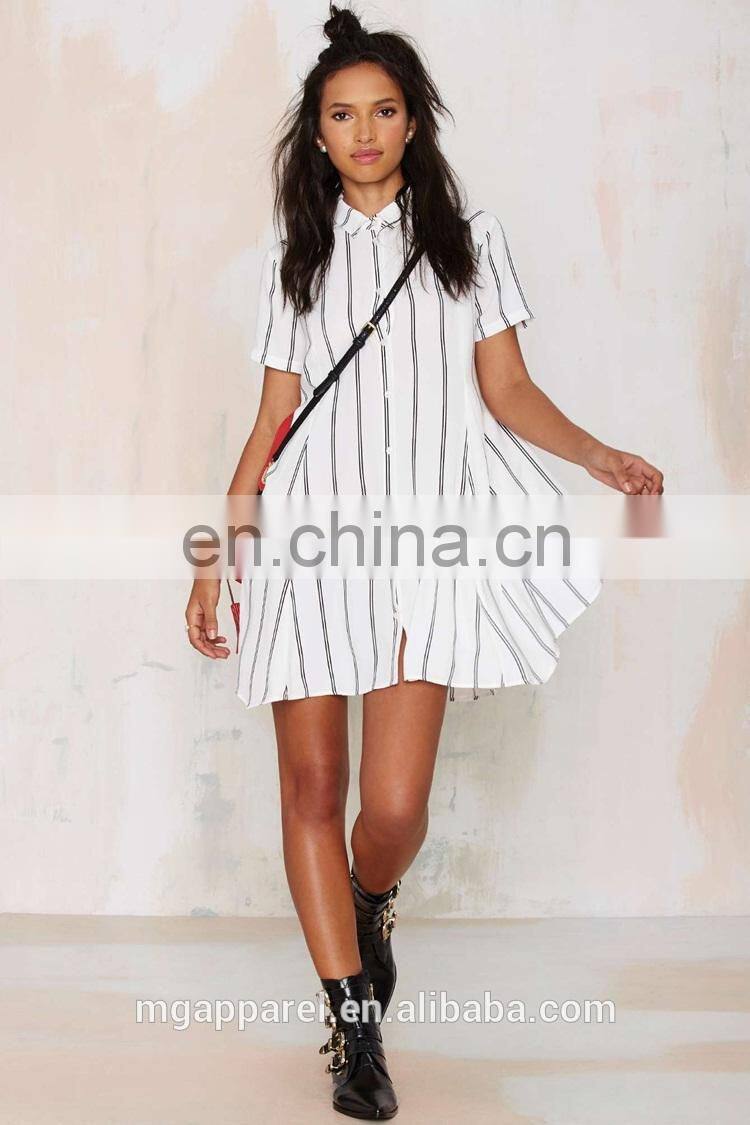 2015 MG Simple white with black stripe print front button closure lady top for a swing skirt silhouette