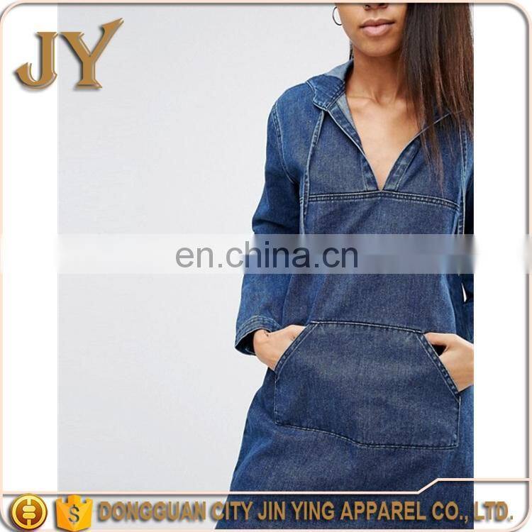 Women's Suit Denim Hoody Dress Pouch Pockets Dress V-neck Dress for Women Women Wear
