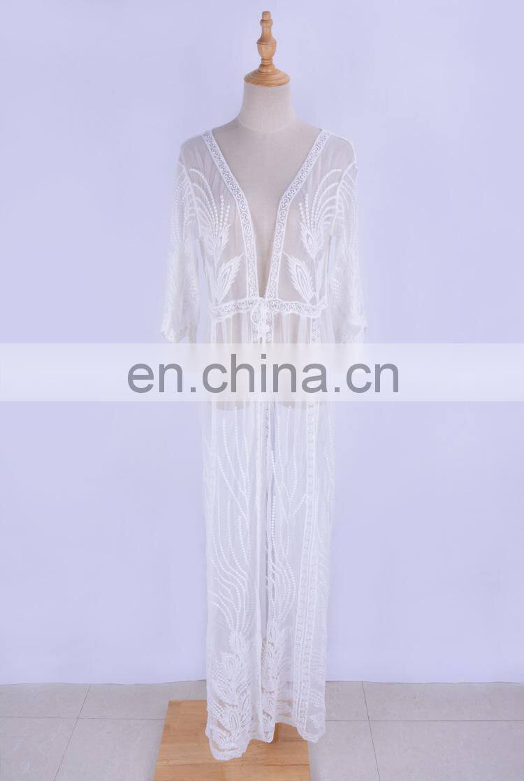 2019 Sexy See Through Self Belted Summer Beach Dress Transparent White Lace Tunic Women Beachwear Maxi Dress Sarong plage