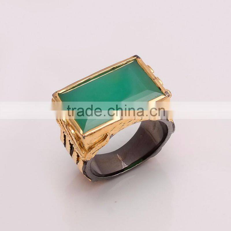 925 SOLID STERLING FINE SILVER EMERALD RING BLACK & GOLD RHODIUM