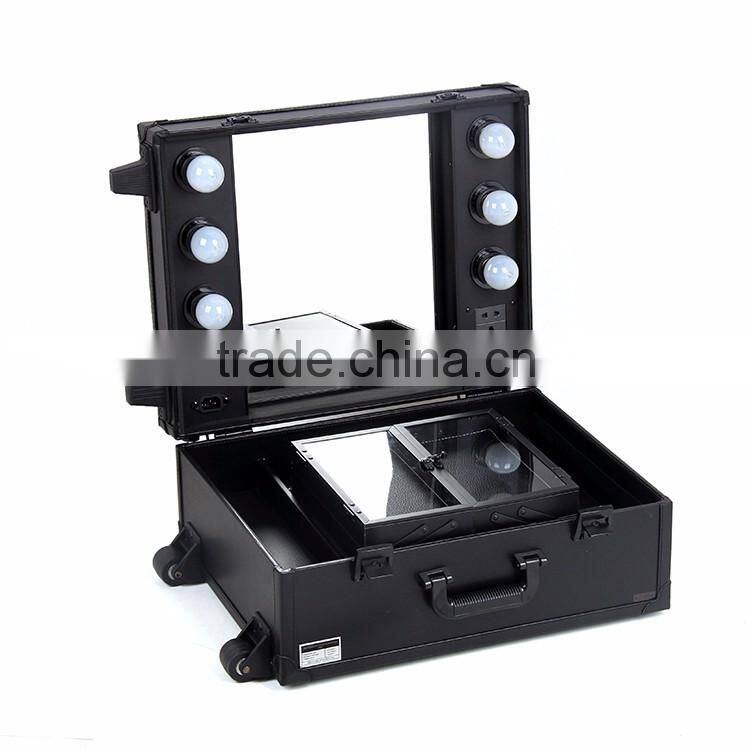 Hot product!!! PVC lighted makeup case with lights rolling makeup train case with light mirror