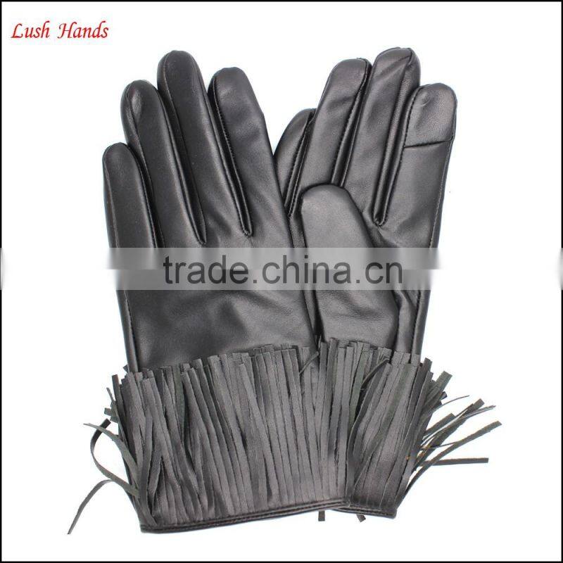 Fashion index finger touch screen black tassels leather gloves women