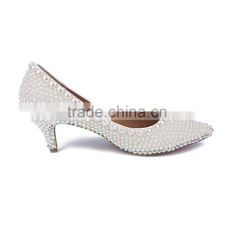 CATWALK15-S0190273 Fashion women luxurious dress shoes handmade peal low heel shoes beautiful women bridal shoes