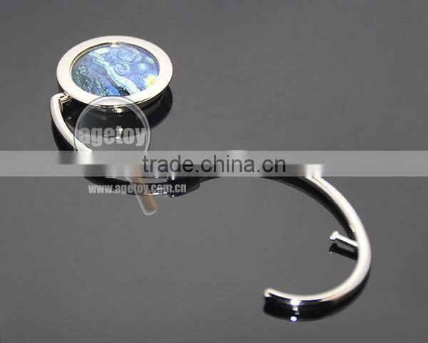 Round Shaped Starry Night Painting Portable Folding Alloy Purse Handbag Hook Metal Swivel Handbag Holder Shopping Bag Hanger