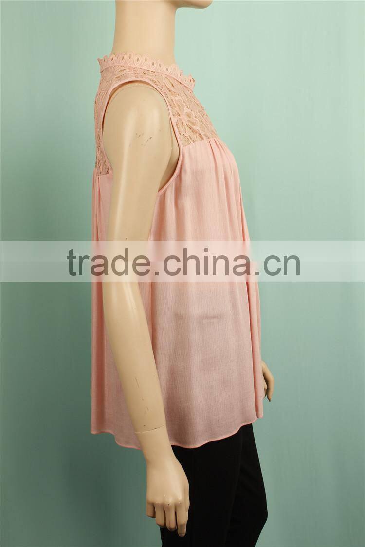 2016 S/S lace neck women sleeveless pink summer pleated blouse