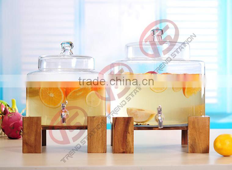 Glass beverage dispenser set of 2 with spigot and wooden stand