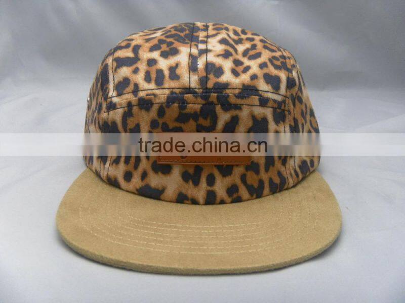 Leopard crown suede brim custom 5 panel camp hat with leather patch