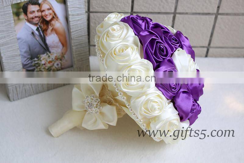 Elegant Purple Satin Ribbon Pearls Bridal Bouquet Bridesmaids Bouquet Wedding Flowers