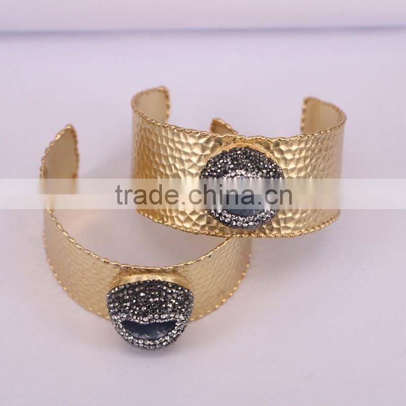 Fashion Metal Brass Gold Electroplated Bangles, Geode Agate Gem stone Bangles, with Pave Crystal Druzy Bangle