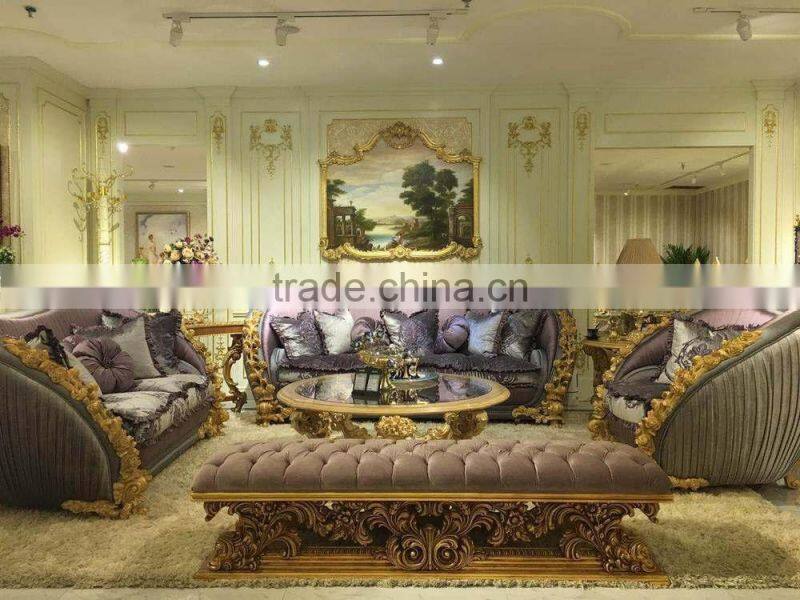 European Romantic and Sweet Style Royal Sofa Set, Wooden Flower Carved Living Room Sectional Sofa Set