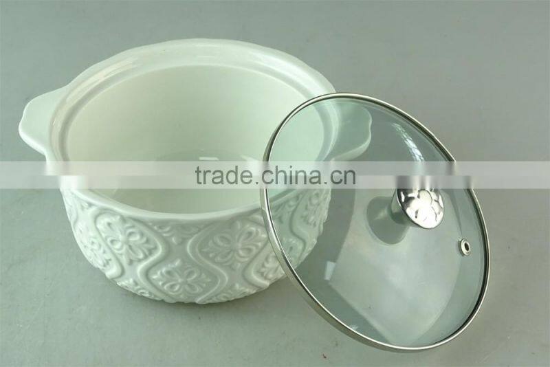 Cream ceramic enbossing soup tureen with glass cover/lid in stocklot for home use