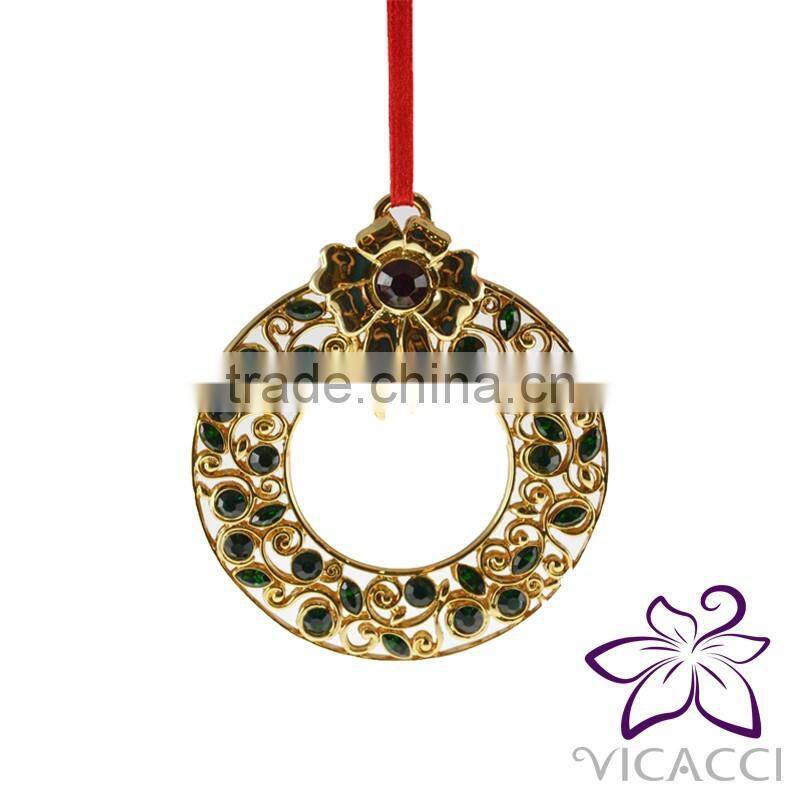 14K Yellow Gold Plated Metal Xmas Ornament with Green Crystal from Swarovski