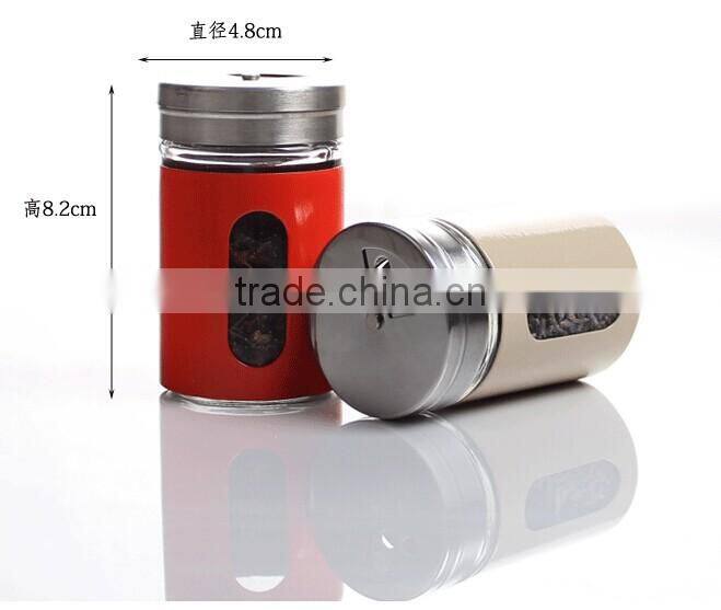 high quality mini cylinder glass seasoning pot with colored plastic coating for spice /salt/pepper