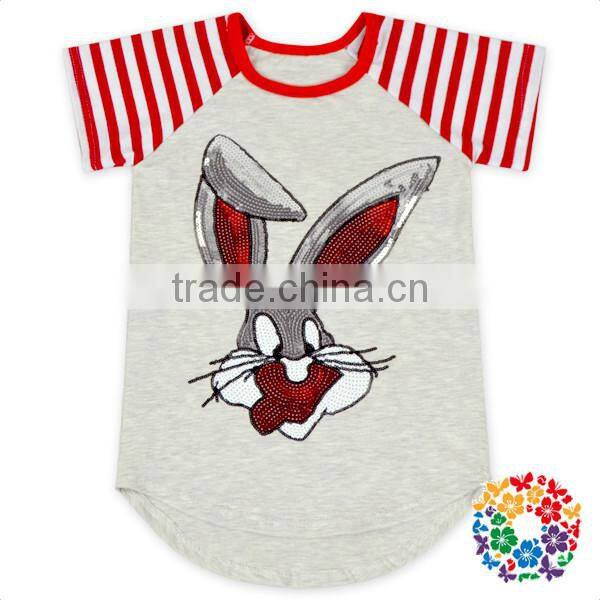 red white stripe short sleeve raglan cute cartoon sequin rabbit kids t-shirt wholesale
