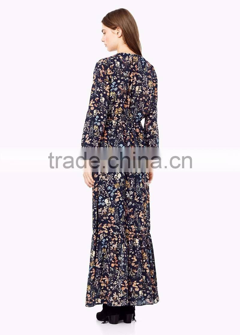 european style printed boutique long sleeve maxi dress elastic waist