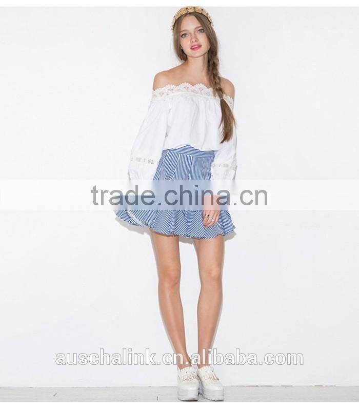 high waist summer girls blue and white stripe ruffle mini skirt models