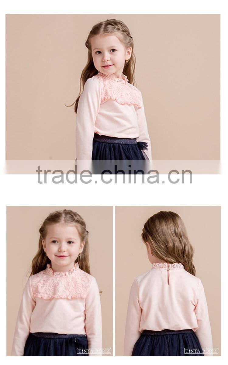 2017 Spring Girls High Neck t Shirt With Lace Long Sleeve Kids Clothing Designs For Girl