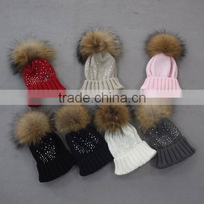 Myfur Elegant White Raccoon Fur Pom Poms Attached Wool Knitting Beanie Hat Wholesale
