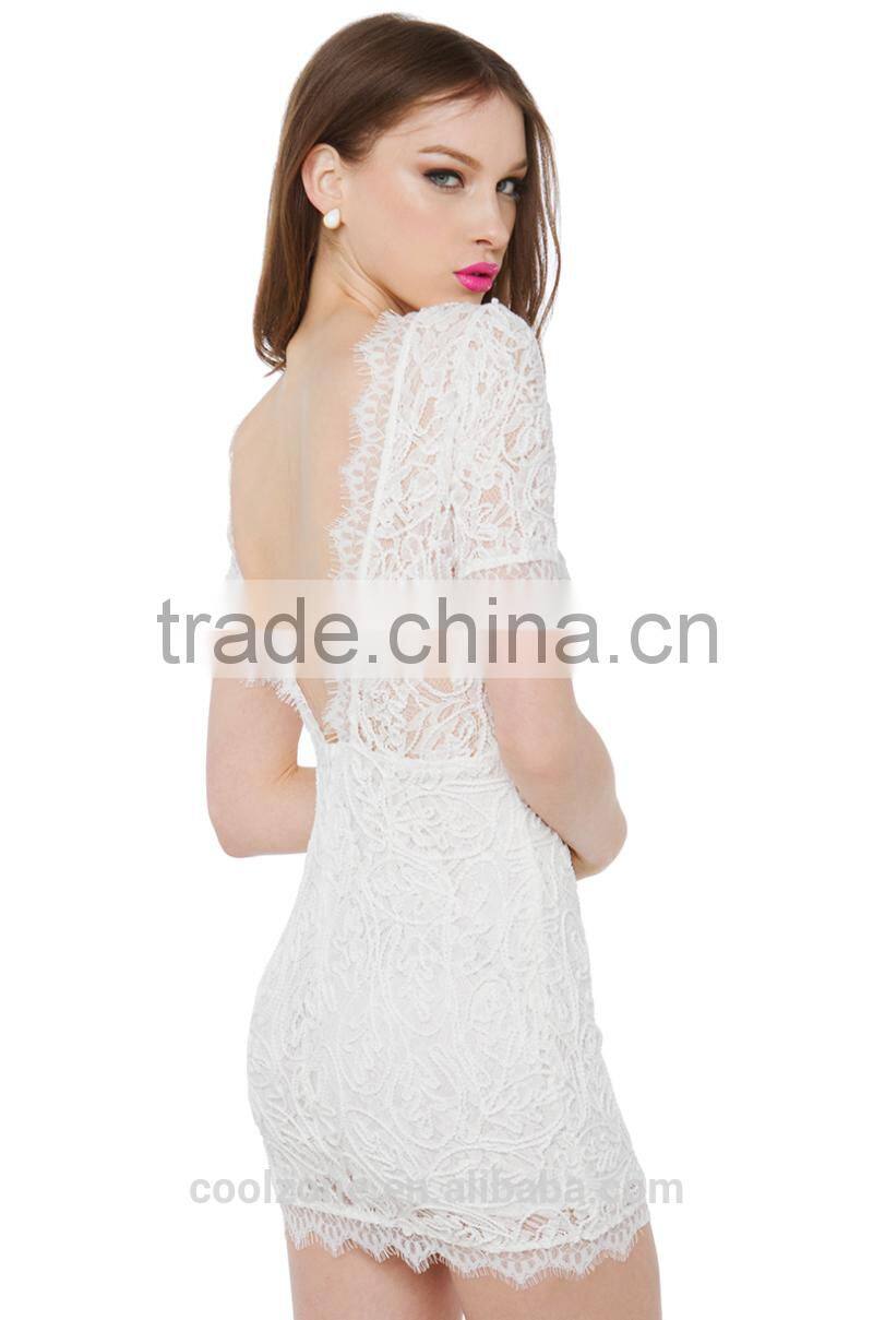 High quality short sleeve out mini lace sexy evening dress