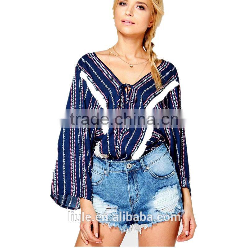New fashion tassel trim lace up printed blouse women latest blouse
