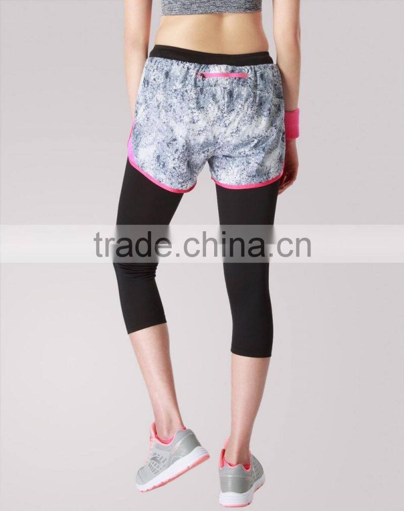 Ladies outdoor wear slim fit fake two-piece 3/4 quick-dry running/yoga sports pants