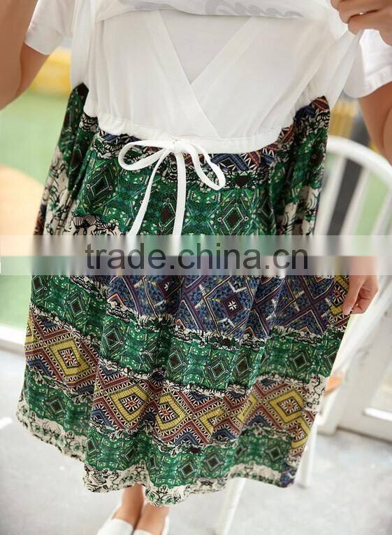 Korean Style Short Sleeve Blouse Printed Pregnant Maxi Dresses Ladies Maternity Dress