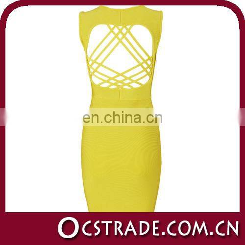 2016 back cut out sleeveless bandage trendy yellow cocktail dresses