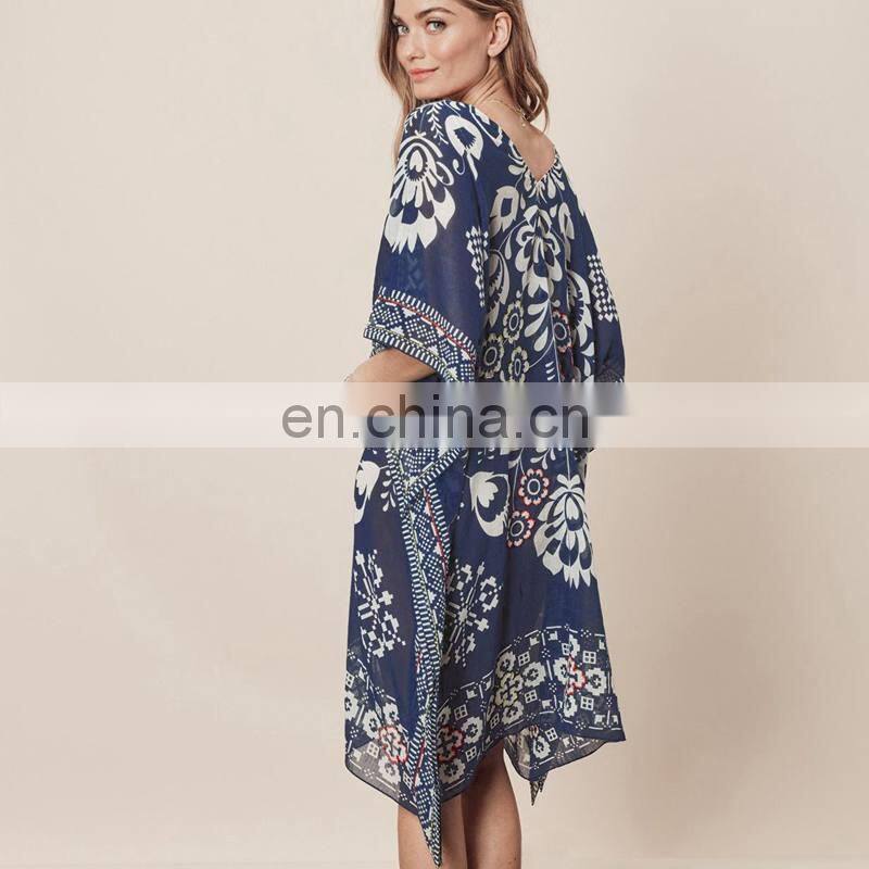 Beach Tunic Navy Blue Vintage Kaftan Beach Bikini Cover Up Chiffon Loose Swimwear Summer Dress Women