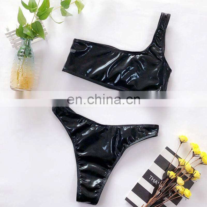 One Shoulder Bikini Shiny PU Leather Swimsuit Women Neon Swimwear Brazilian Biquini High Cut Sexy Bathing Suit Bikini Women