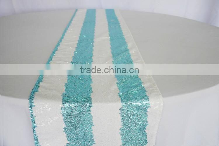 Fancy tiffany blue stripe sequin embroidery table runner for wedding