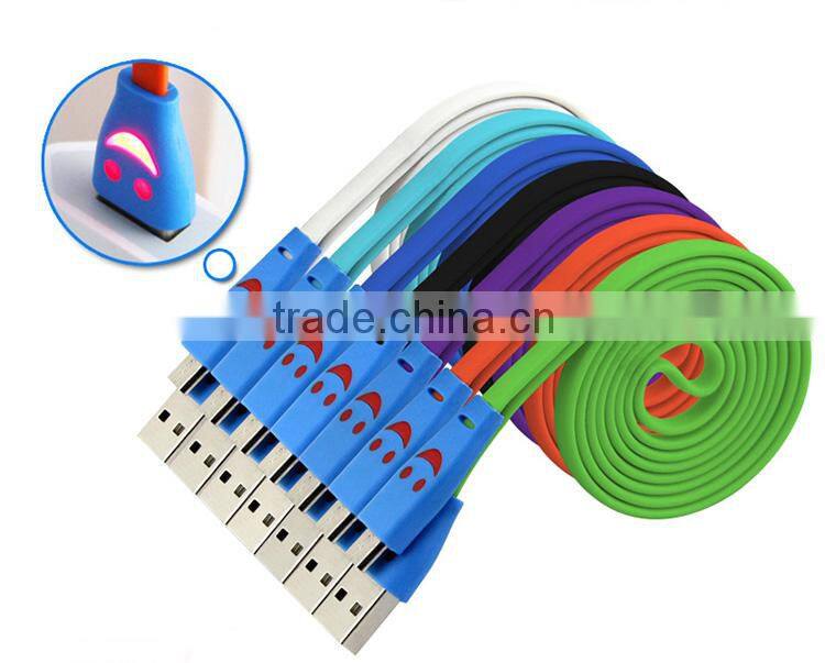 colorful led smiley face micro usb cable,flashing light for mobile phone