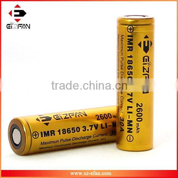 New Gold Efan IMR 18650 2600mAh 30A LiMn High Drain Flat Battery