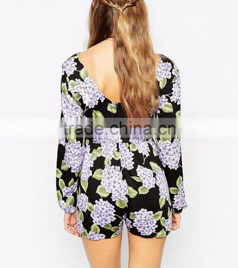 Mini long sleeve hot floral V back jumpsuits