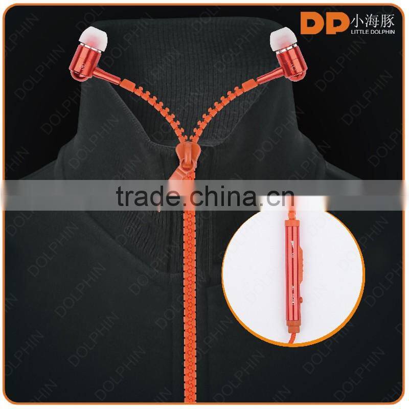 zipper stype glow in the dark metal earphone with microphone