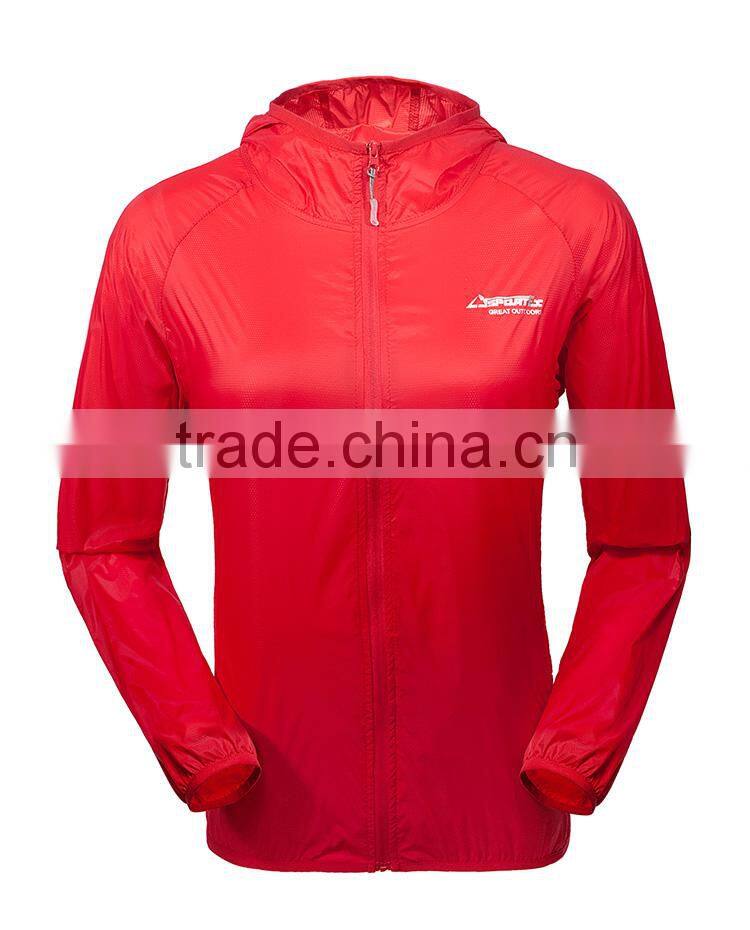 100% nylon women's waterproof, reflective red sport jacket with hood and full Zipper