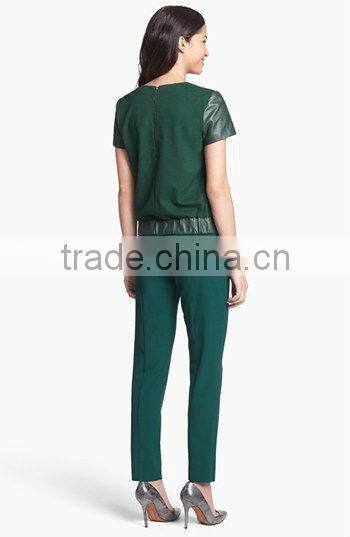 Green short sleeve Pu Leather tops new fashion girls tops 2016