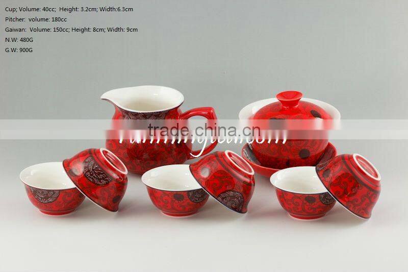 Chinese Red Porcelain Teaware Set, One Gaiwan, One Pitcher & 6 Cups