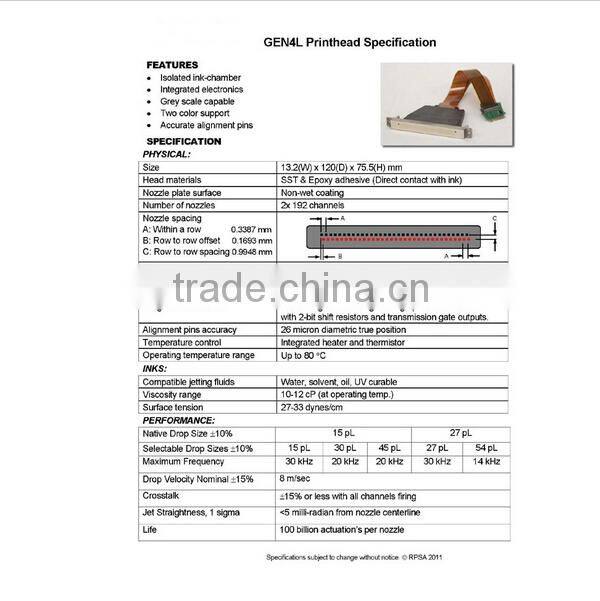 NEW Original GEN4L PIEZO print head Contains 384 nozzles, offers 150dpi with larger drop sizes (up to 54pl)