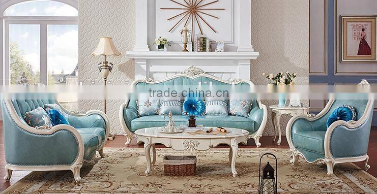 White color solid wood frame blue genuine leather 1+2+3 sofa set