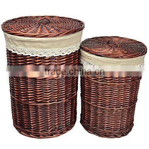 Round Wicker Laundry Basket with Lid and Linen Liner,Pack of 2