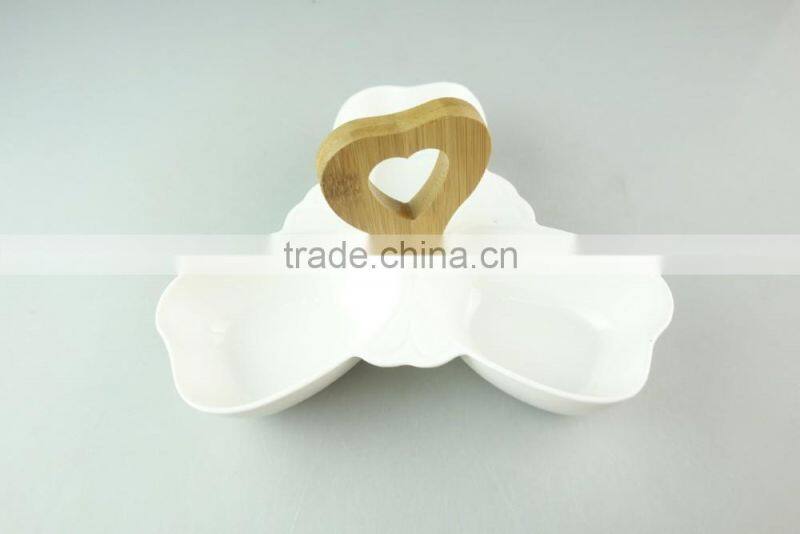 White ceramic porcelain snack serving plate with wooden handle 3 section