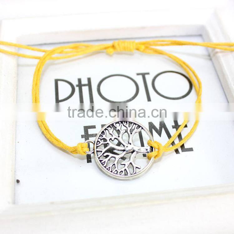 antique silver hollow tree of life charm bracelet customized charm wax cord bracelet cheap personalzied bracelet for promotion